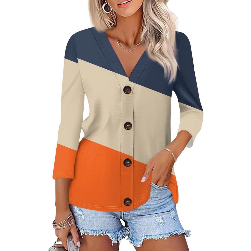Women's Fashion Casual Striped Geometric Print Button-Down Shirt Three-quarter Sleeve Cardigan Top