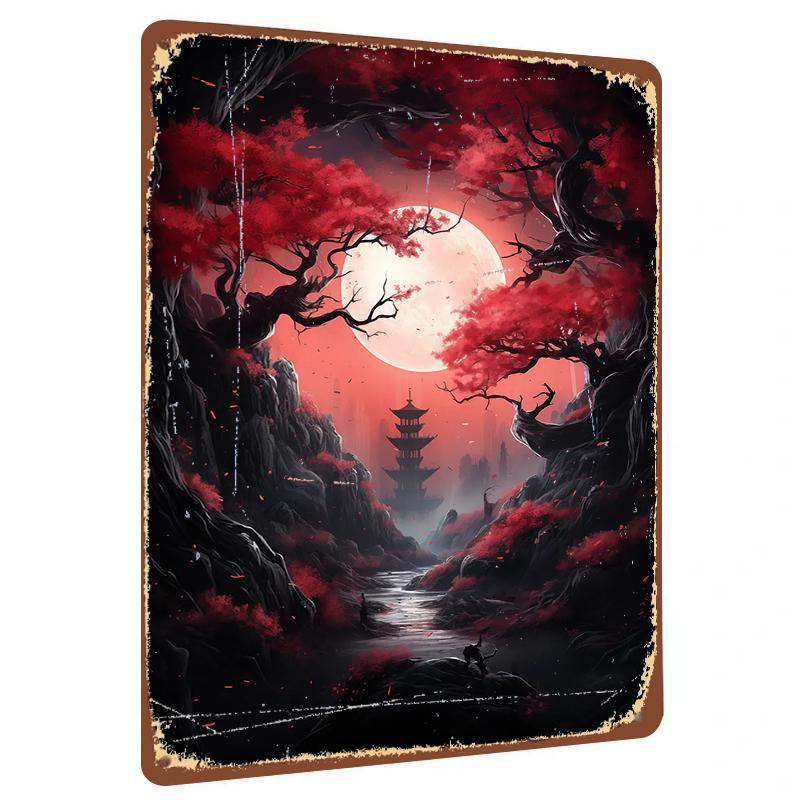 

Chinese Style Red Maple Moonlit Landscape Metal Iron Painting Living Room Study Wall Art Decor 20x30cm（7.8x11.8inch）