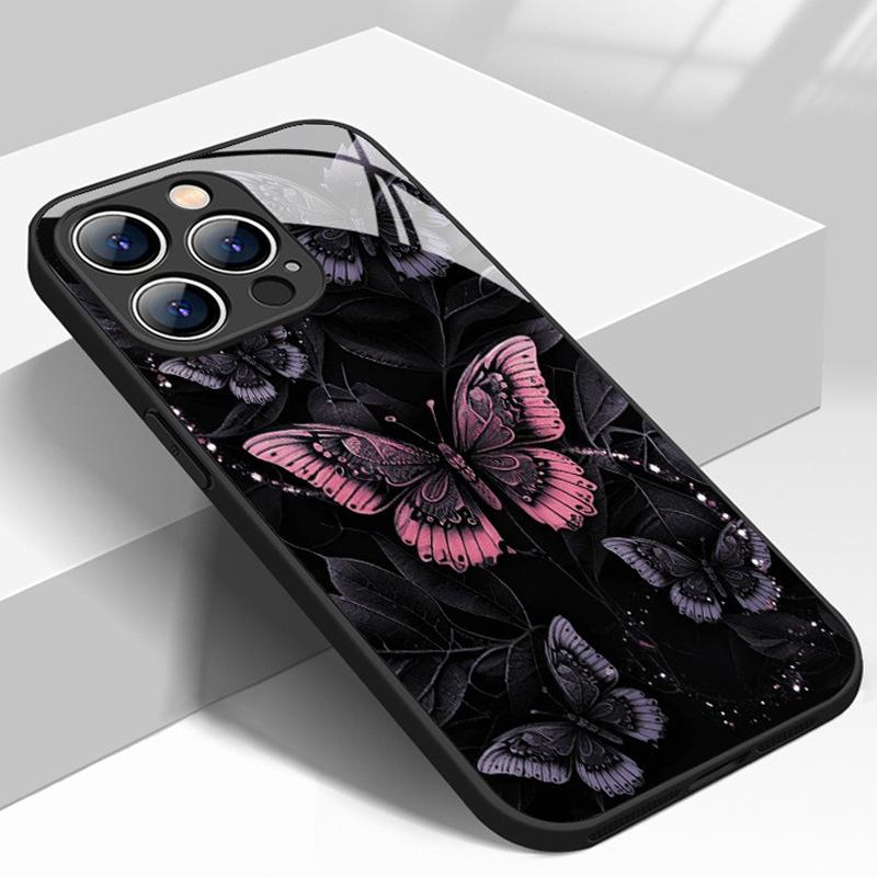 Retro Dark Butterfly Pattern Tempered Glass Phone Case For iPhone 11 12 13 14 15 16 17 Pro Max 17Air 16E 7 8 Plus XR XS X Cover