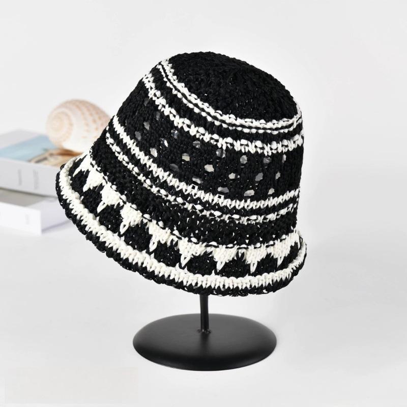 Woven Bucket Hat For Women Summer Versatile Niche Design Color-Blocked Fisherman Hat Hollow-Out Sun Protection Hat