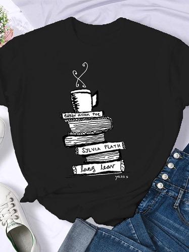 Woman Plus Size Round Neck Half Sleeve T-shirt Printed T-shirt Top New T Shirt Coffee Books Brown Books American Retro T-shirt