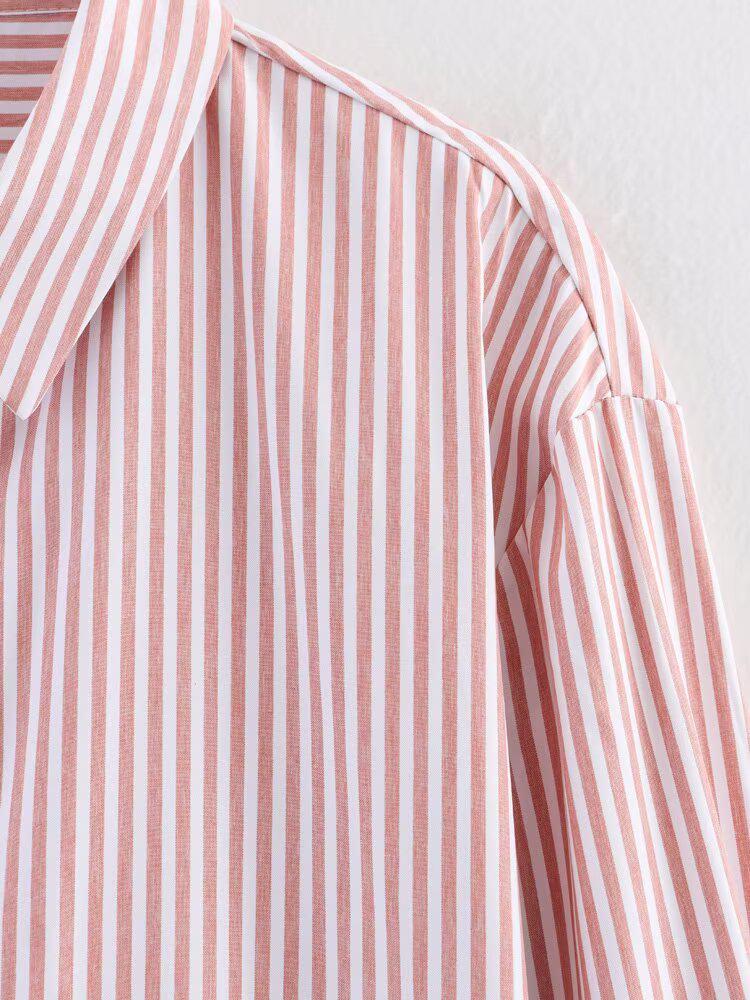 2025 Spring Women's European & American Style Long Sleeve Striped Shirt with Turn-Down Collar