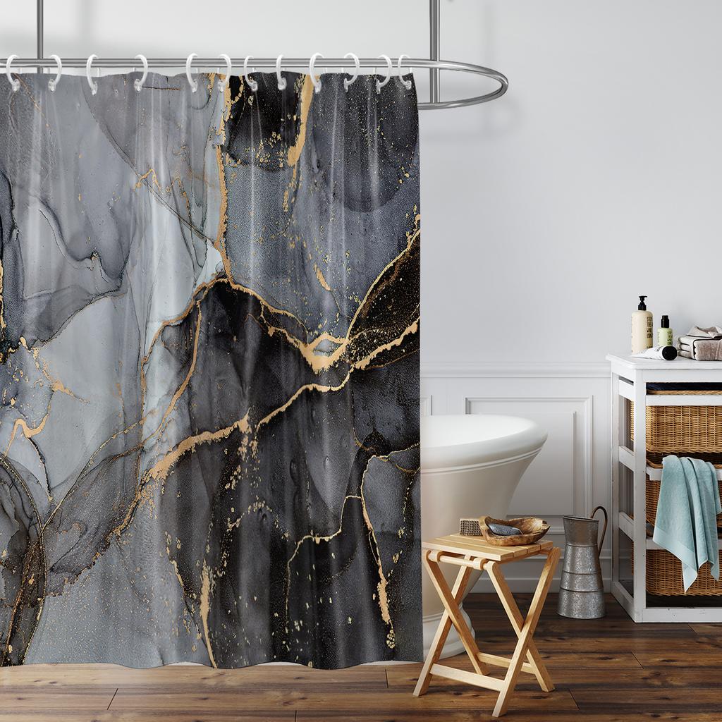1 Piece of 180x180cm Black Marble Pattern Digital Printing Shower Curtain Partition Bathroom Waterproof and Mold Resistant