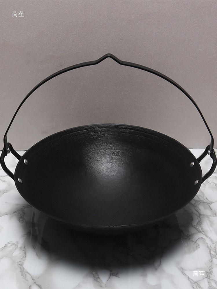 Large Traditional Cast Iron Hanging Stew Pot with Thickened Base and Hooks