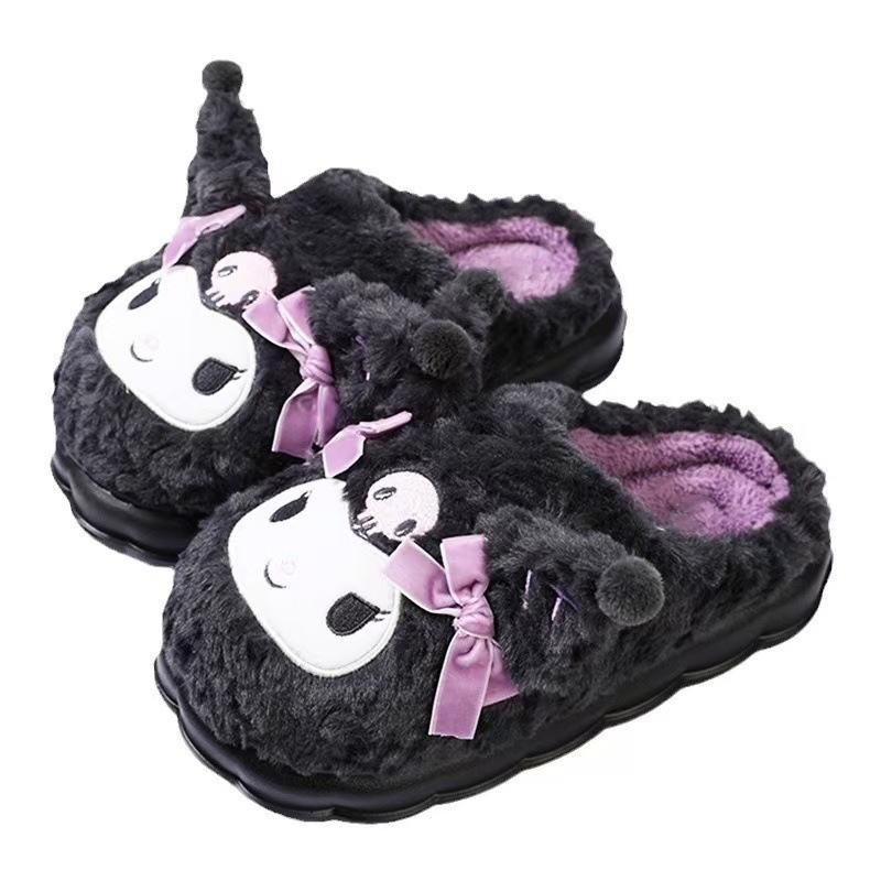 Black Kuromi Plush Cotton Slippers for Women - New Autumn/Winter 2024 Style, Thickened & Warm.
