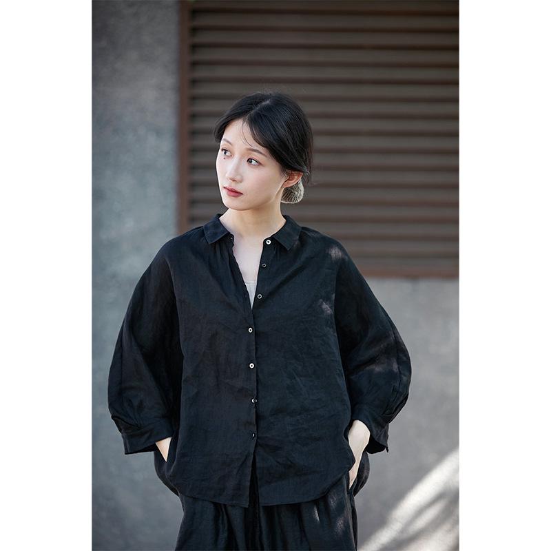 Summer Retro Matte Black Linen Loose Cardigan with Small Lapel - Women s Lightweight Sun Protection Shirt Medium матовый черный