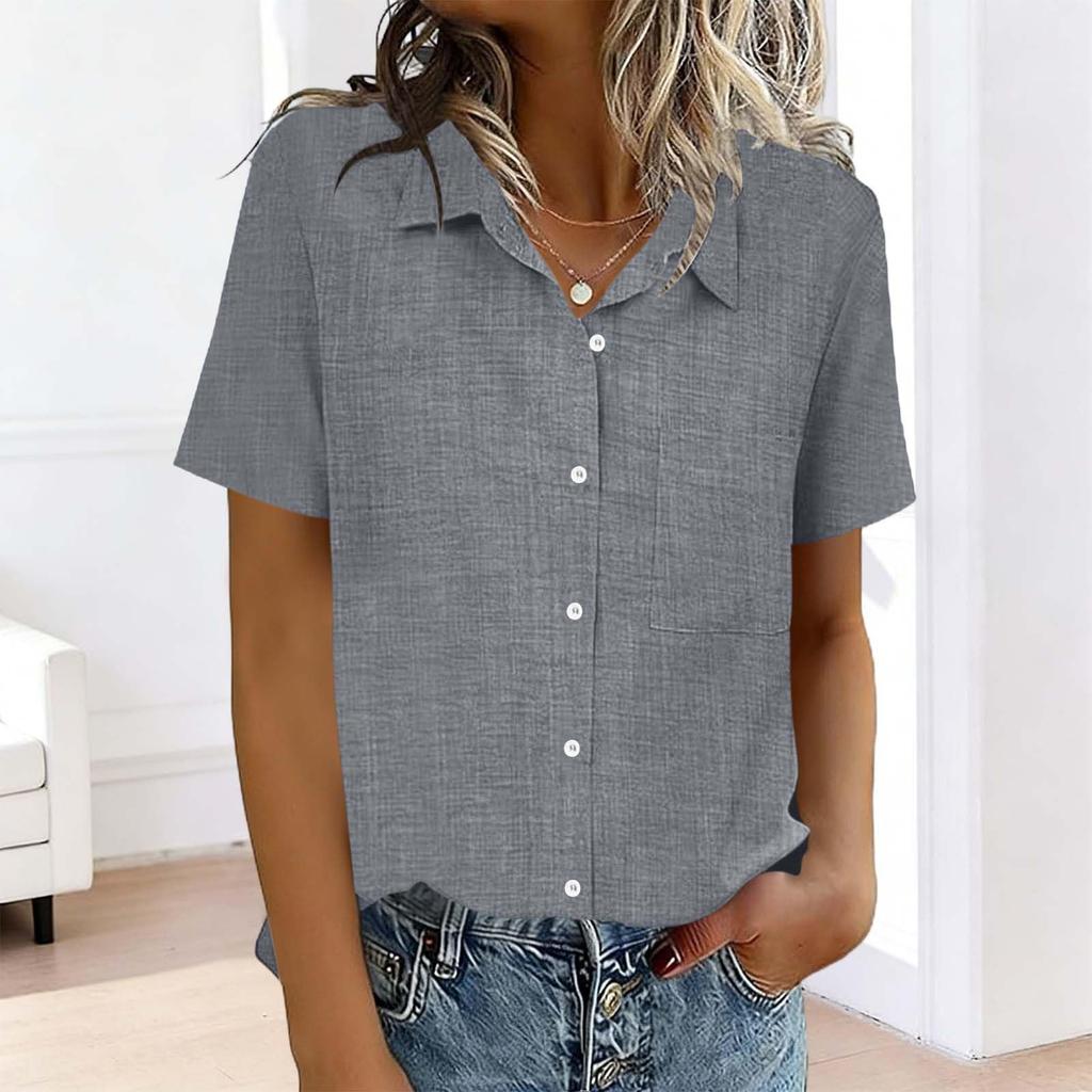 Women's Fashion  Color Standing Collar Short Sleeve Button-Up Shirt T-Shirt Top
