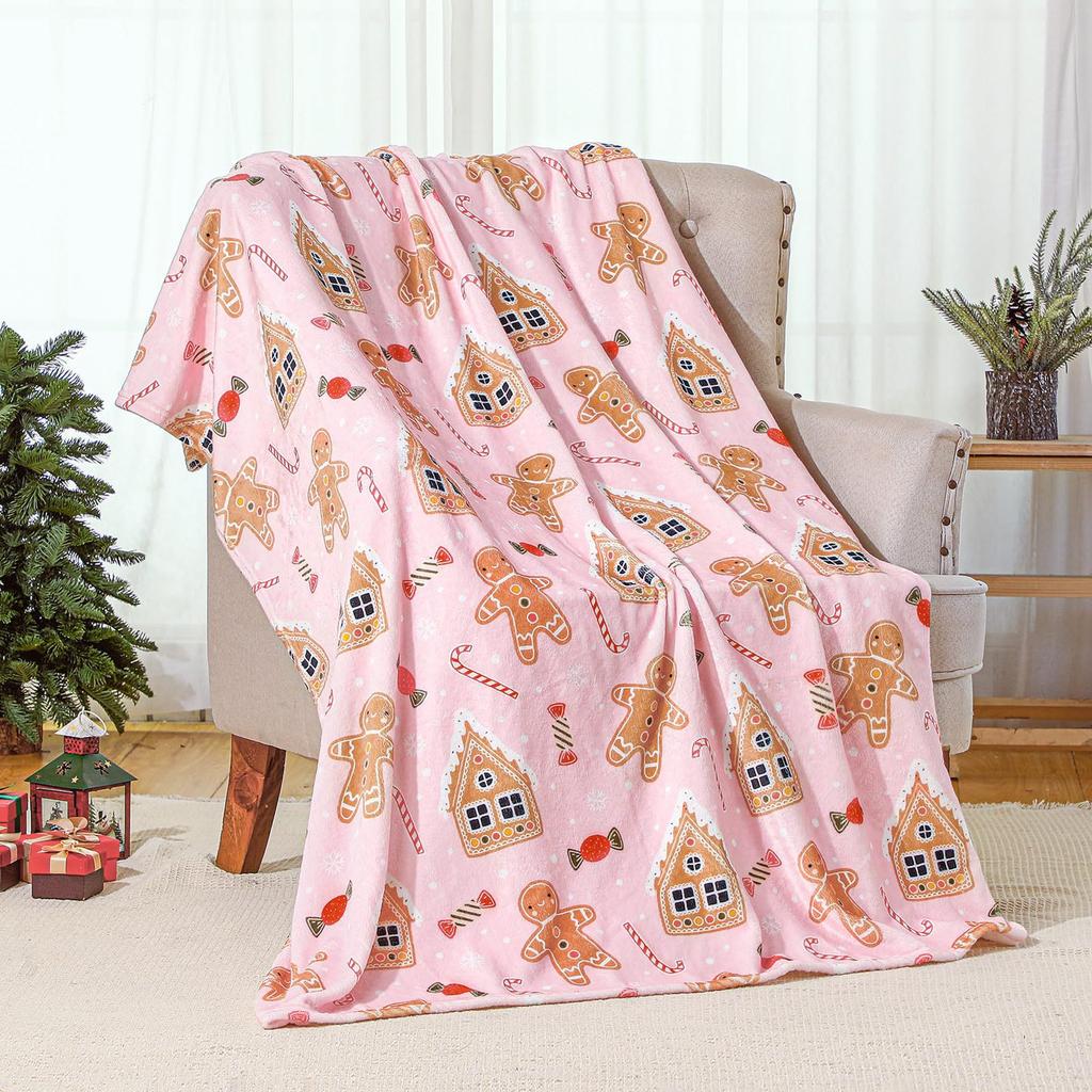 Christmas Gingerbread Man Digital-printed Polyester Bedroom Velvet Flannel Cover Blanket Fleece Soft Cover Blankets for Beds
