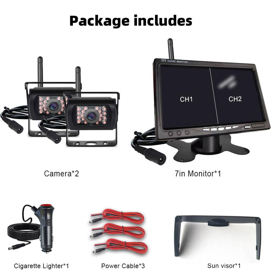 

2-CH Wireless Backup Camera Rear View Cam BSD 7 Inch Monitor AHD1080P for Truck Bus RV Camper Trailer Excavator PickupTrailer