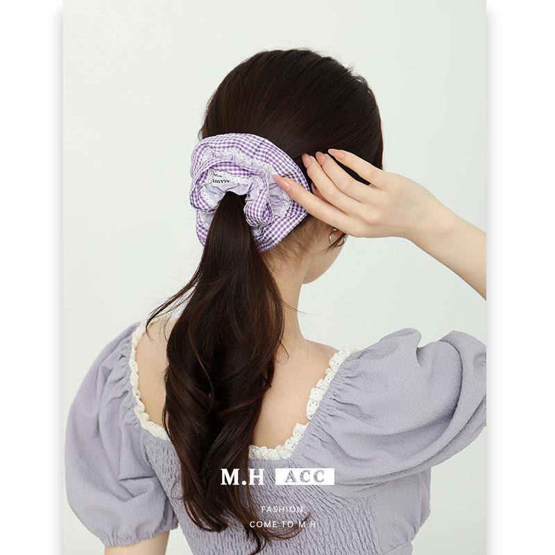 2025 New Korean Version Plaid Color Matching Lace Polka Dot Large Intestine Hair Band Sweet, Fresh and Simple Versatile Headrope Wholesale