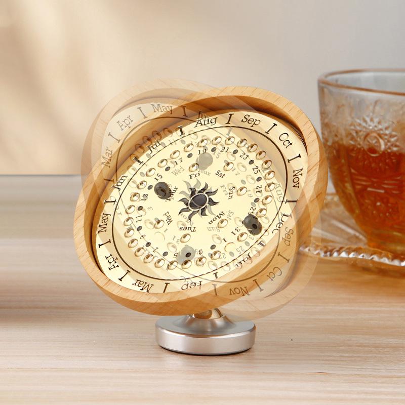 Adjustable Wooden Sundial Perpetual Calendar, Desktop Ornament and Timer for Home or Office Decor
