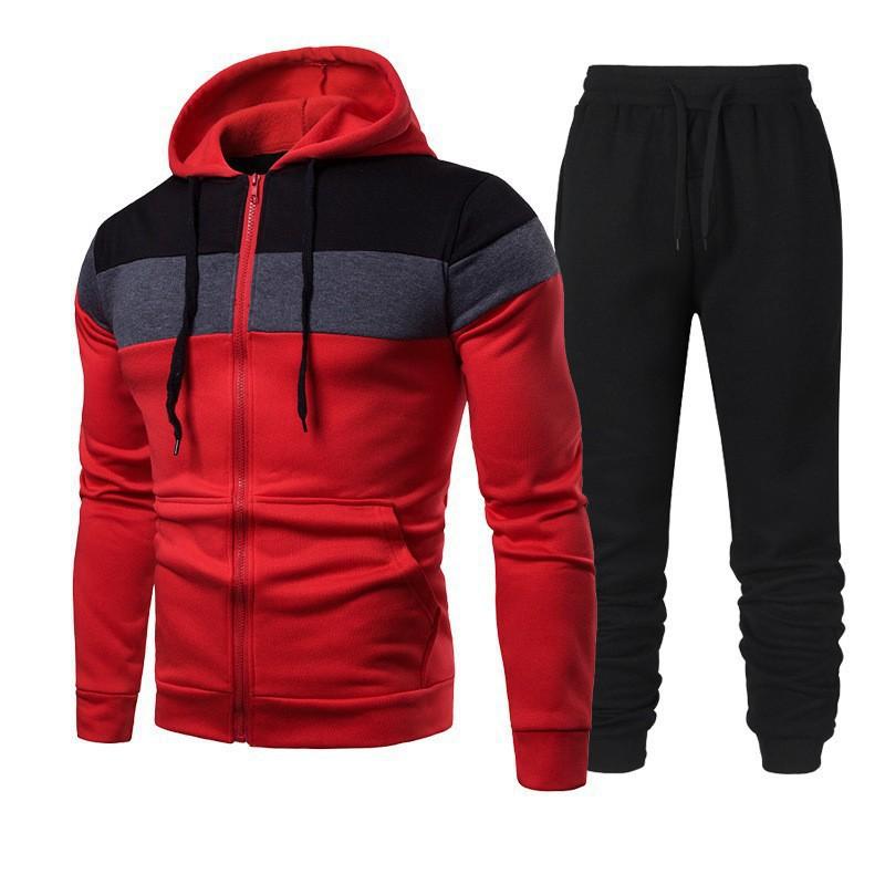 Spring and Autumn Men's Fashion Color Matching Splicing Suit Hooded Running Outdoor Sports Suit Men's Sweater