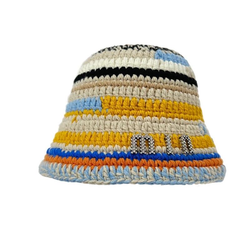 Sweet Girls Crochet Stripe Pattern Bucket Hat Cute Ladies Fisherman Cap Color Matching Woman Teens Winter Windproof Hat
