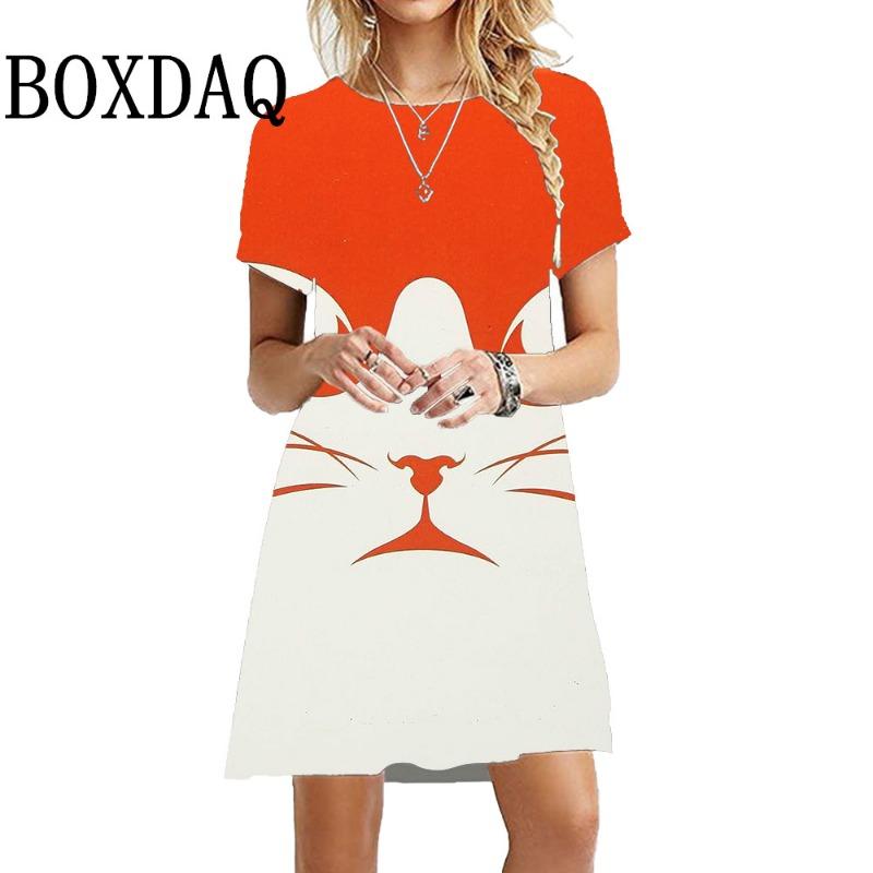 Oversized Short Sleeve Dress Summer O-Neck Women'S Dress Loose Kawaii Painting Cat Print Dress Harajuku Streetwear Hip Hop Dress