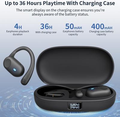 Auriculares de oído abierto, auriculares Bluetooth 5.3 deportivos con pantalla digital inteligente, 36 horas de reproducción, auriculares inalámbricos, diseño liviano, aptos para ciclismo.