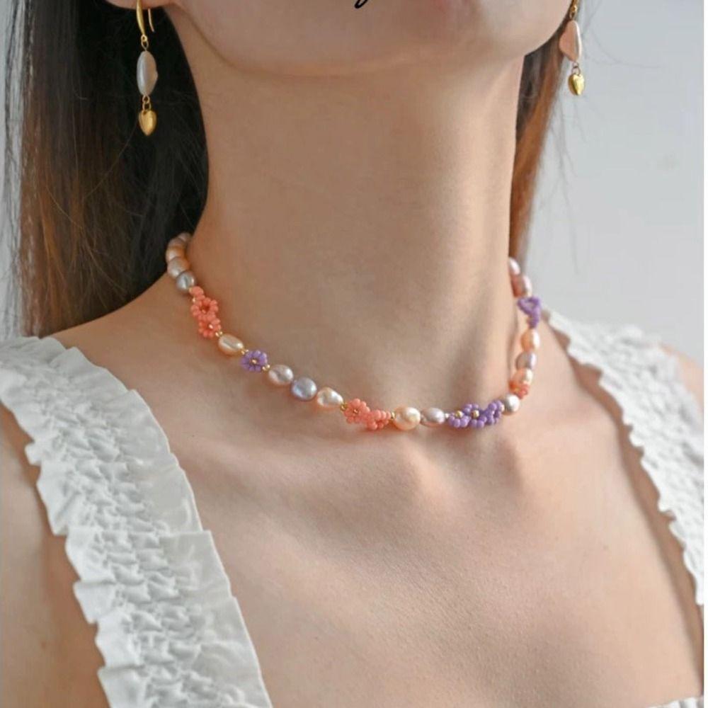 Korean Style Rice Bead Necklace Bead Flower Pearls Clavicle Chain Simple Daisy Bracelet  Girl