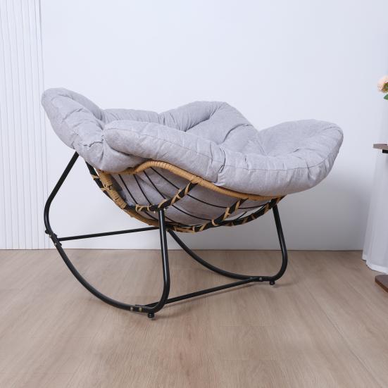 Outdoor Rattan Rocking Chair Patio Comfy Reading Chair with Oversized Cushion Indoor Recliner Wide Rocking Chair for Balcony Front Porch Grey