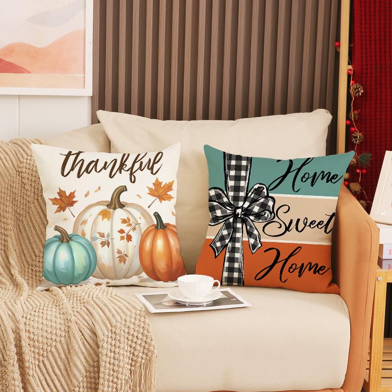 Thanksgiving Pillow Covers,Pumpkin & Autumn Leaf Design, Soft Flannel Sofa Cushion Covers for Home Decor,45x45cm, No Pillow Insert
