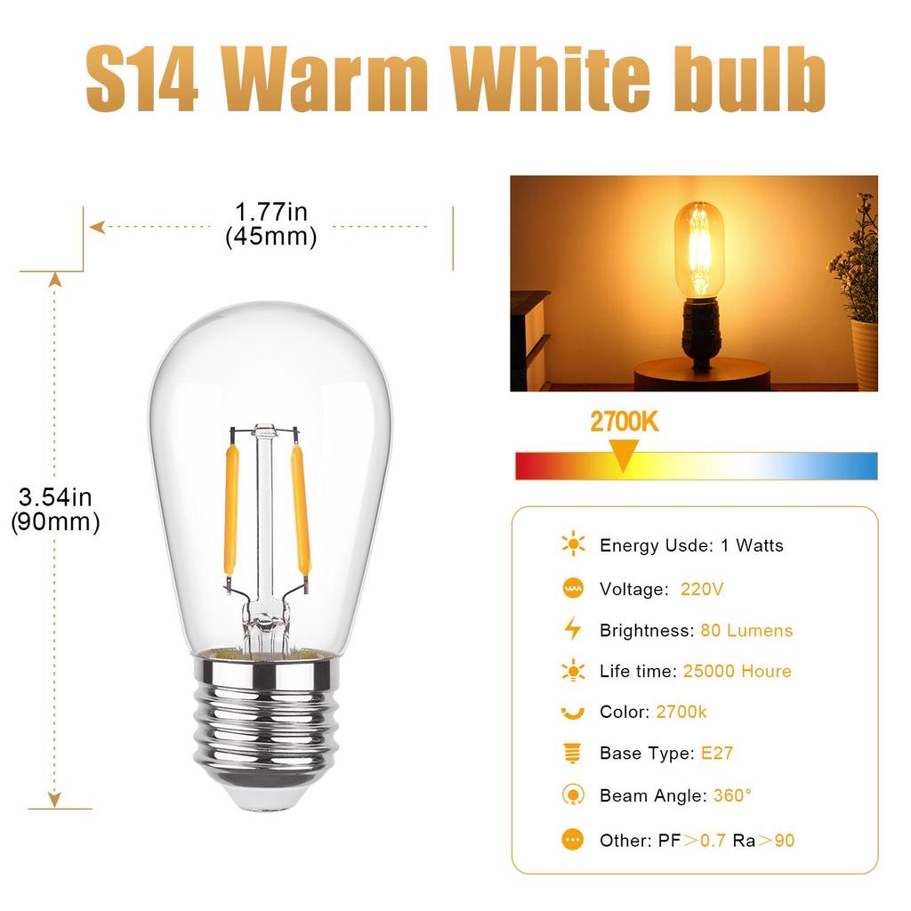 S14 Waterproof LED Edison Filament Bulb, 2700K Warm Light, E27, Energy-Saving ST45 Spare for String Lights