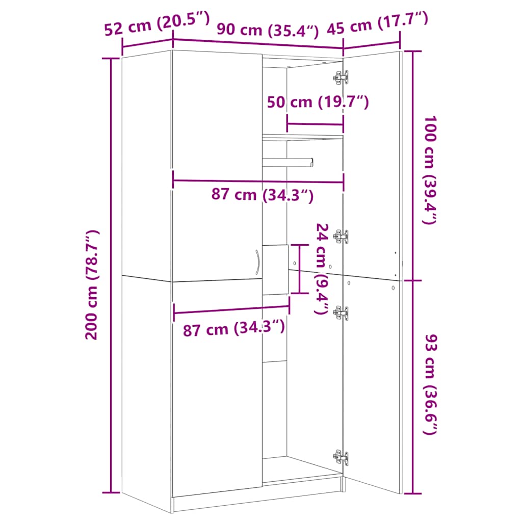 Wardrobe Sonoma Oak 90 x 52 x 200 cm Particleboard