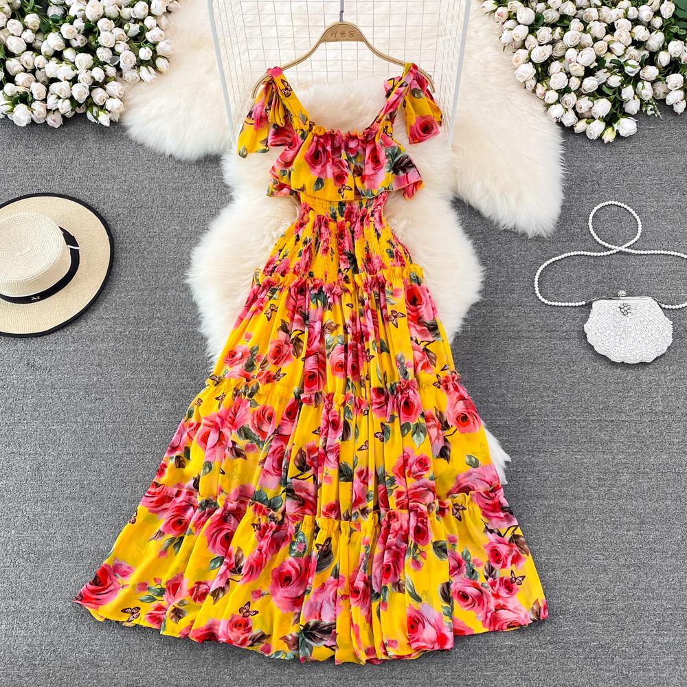 

RUGOD Ніжна вітрова сукня на підтяжках Модна пляжна сукня без рукавів без спини з високою талією і великою гойдалкою One Size жовтий