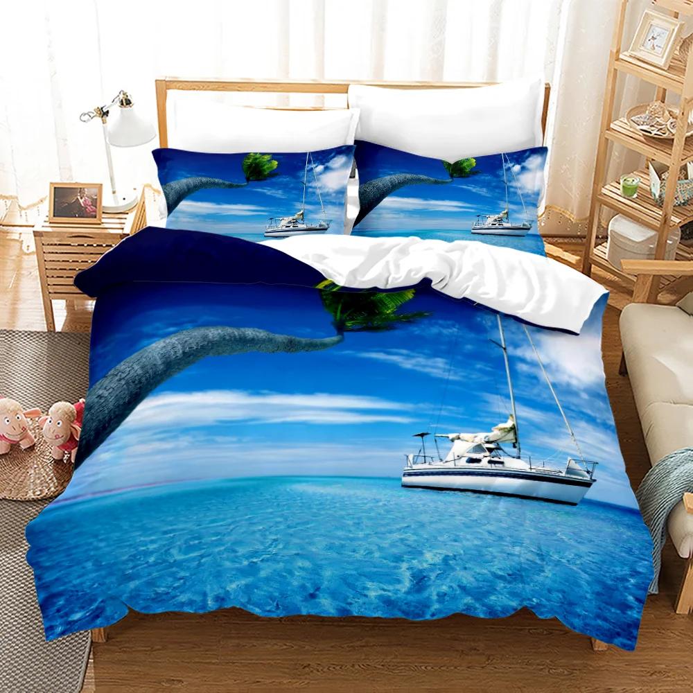 Beach Setting Sun Duvet Cover Set Tropical Island With The Palm Tree And Sea Beach Nature Theme Queen Size Quilt Cover