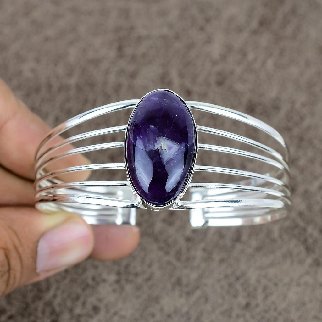 Sage Amethyst Gemstone Handmade 925 Sterling Silver Cuff Bangle Adjustable KKG-178