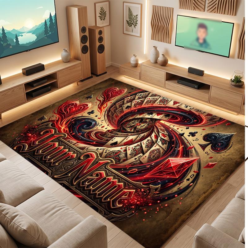 Cards Casino Theme Soft Crystal Velvet Rug Custom Name & Text Print Non Slip Floor Rug for Bedroom Living Room