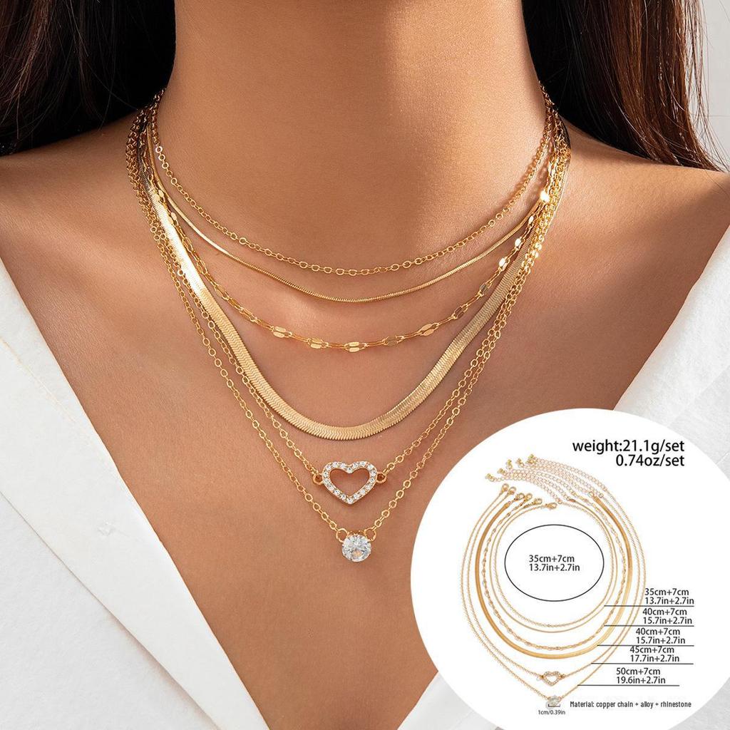 European & American Versatile Multi-Layer Heart Necklace with Contrast Color Snake Bone Chain & Diamond Accents