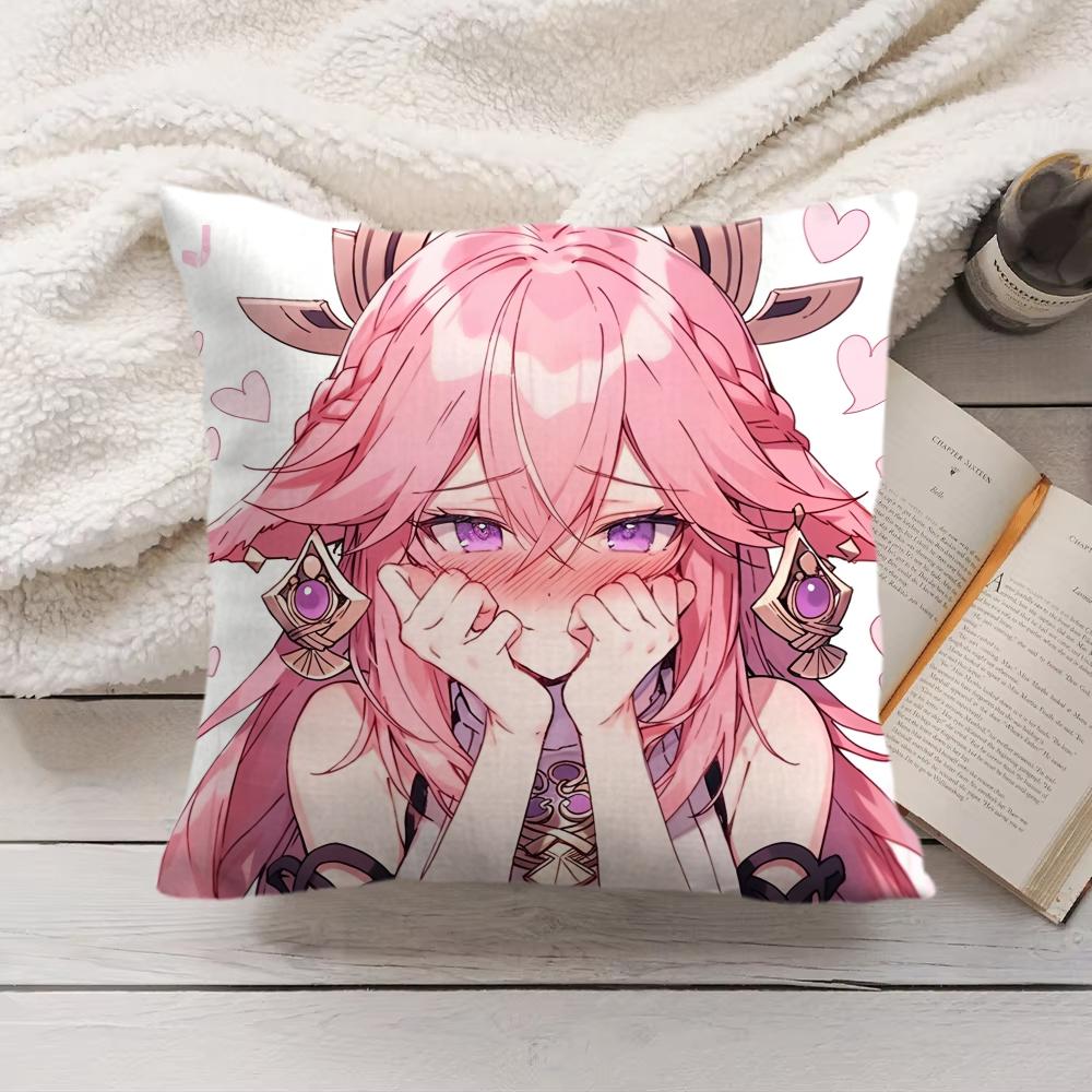 Yae Miko Genshin Impact Cushion Cover Silky Short Plush Invisible Zipper Dustproof Sofa Pillow Case For Home Decor