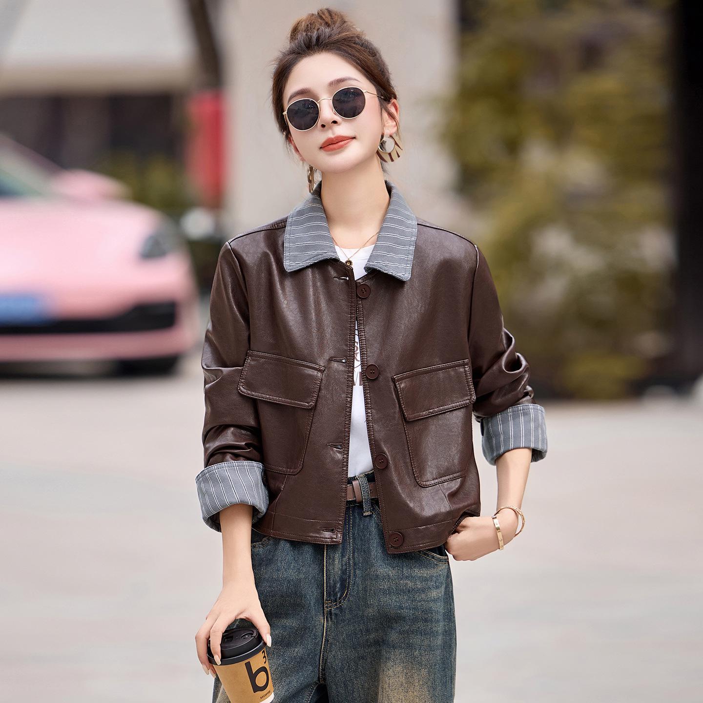 

2025 Autumn Women s Genuine Leather Lambskin Motorcycle Jacket - Trendy Lapel Short Design M