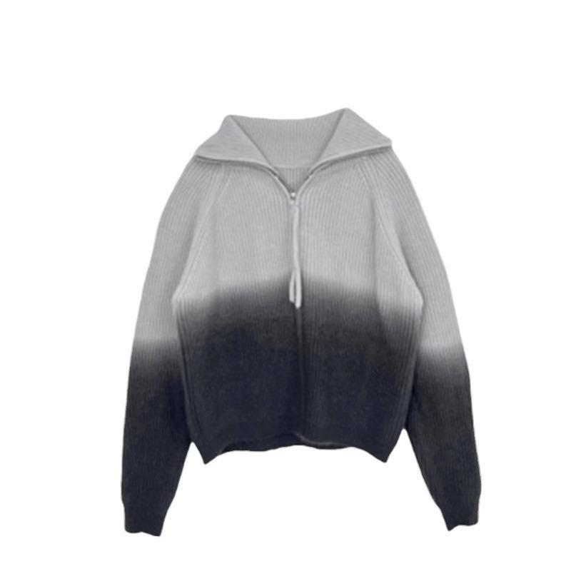 Gradual change of color Soft waxy knitted zipper shirt 2025 autumn new sweater jacket women's long-sleeved niche design cardigan