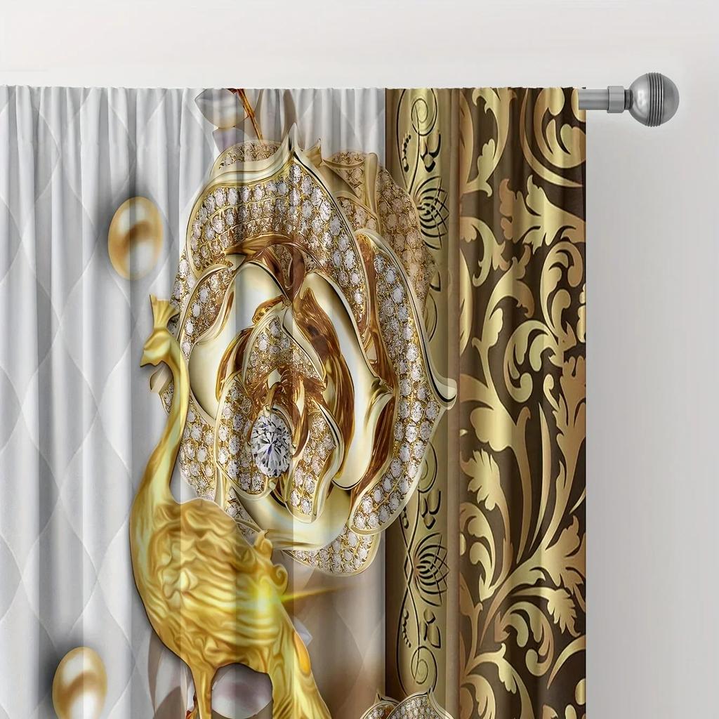 3D 2ks Zlatý Páv Záclona Pracovna Kuchyň Obývací Pokoj Horní Kapsa na Tyč Okenní Závěs Ložnice Doplňky Pokojový Dekor Domácí Dec