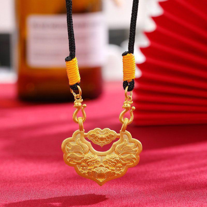 Koi Pendant Necklace: Handmade Double Fish Lock with Auspicious Clouds and Lotus in Copper and Gold.