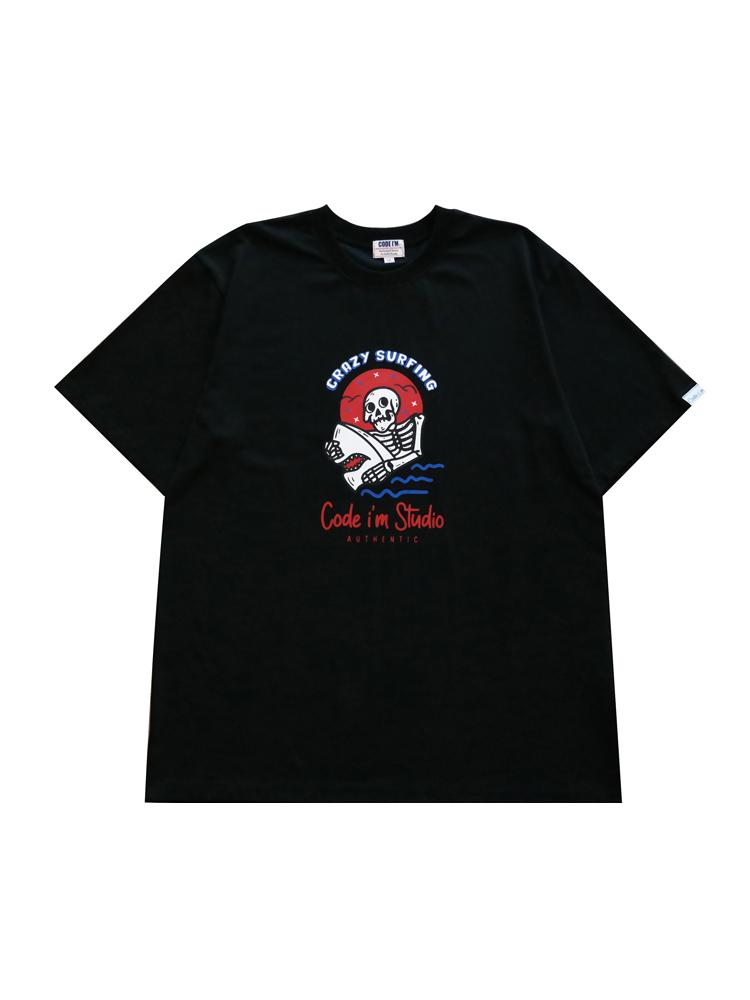 CODE I'M Crazy Surfing Artwork Print Oversized Short Sleeve T-Shirt Black