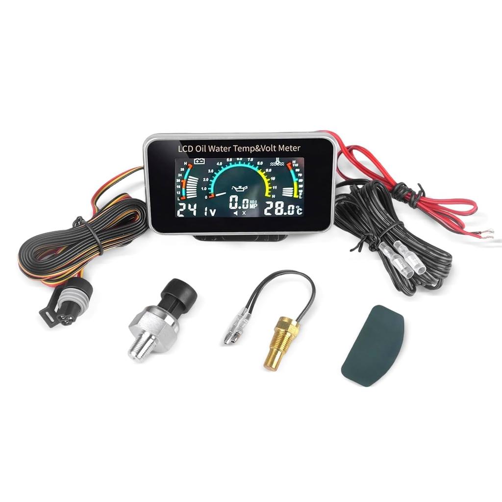 Universal Car 12V/24V LCD Digital Truck Car Oil Pressure Gauge Voltmeter Water Temp Meter Combination Table with 1/8 NPT Sensors