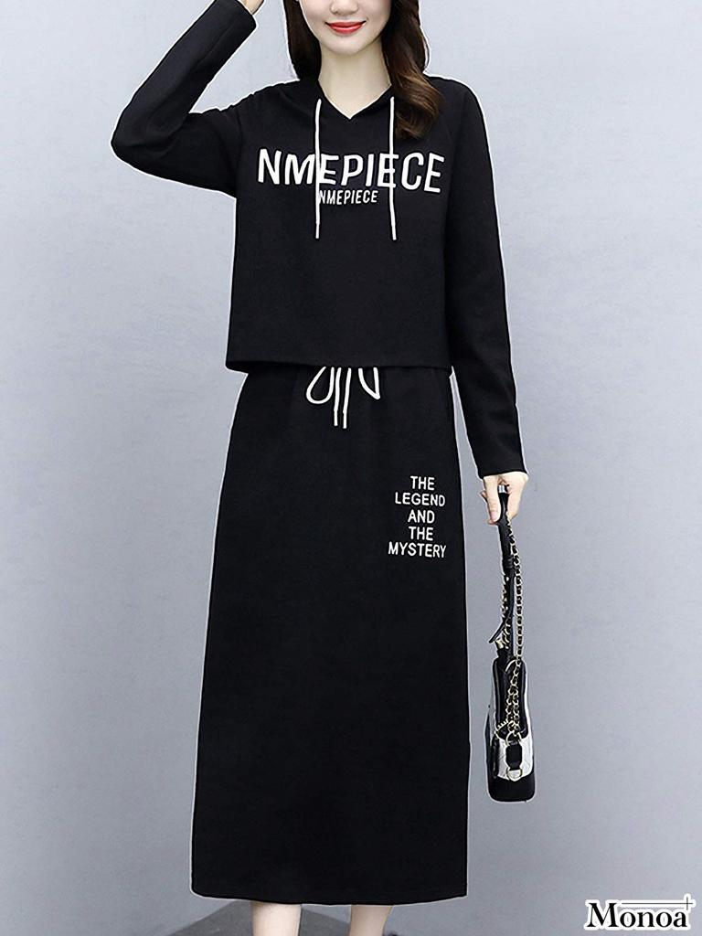 Monoa Loungewear Long Sleeve Print Hoodie and Size M Women's Set, Skirt, Black, (n1561)
