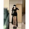 Niche Black Mesh Splicing Split Fork, Waist and Thin Temperament Elegant Romantic Versatile Casual Dress