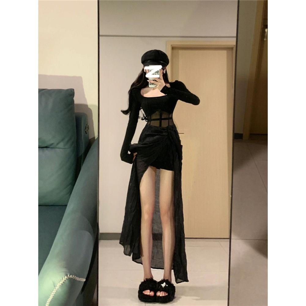 Niche Black Mesh Splicing Split Fork, Waist and Thin Temperament Elegant Romantic Versatile Casual Dress