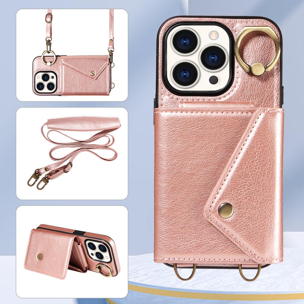 For iPhone 15 Series.for iPhone 15,15 Plus,15 Pro,15 Pro Max Shoulder Strap Rope Ring Bracket Design Card Holder Slots Lichee Pattern Cover Phone Case