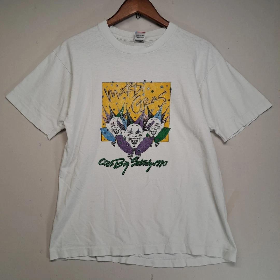 

Vintage Single Stitch Mardi Gras Large T Shirt White Fruit of the Loom USA Made S