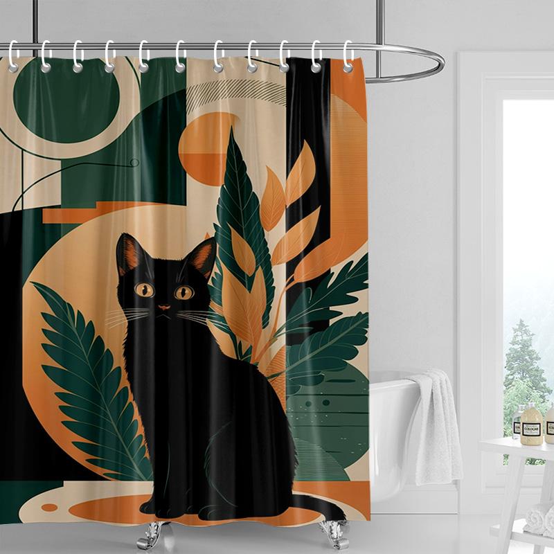 Abstract Art Cat Theme Shower Curtain 180x 200cm Waterproof Mildew-proof Bathroom Curtain Bathroom Ins Wind Decorative Curtain