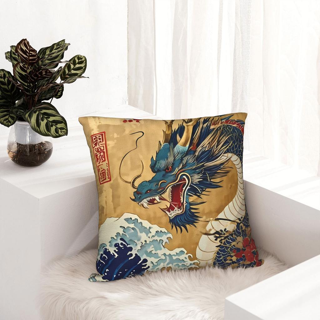 Mythical Beast Design Pillow Cover, Blue Dragon And Ocean Scene Graphic Cushion Case For Living Room Bedroom Home Decor Gift