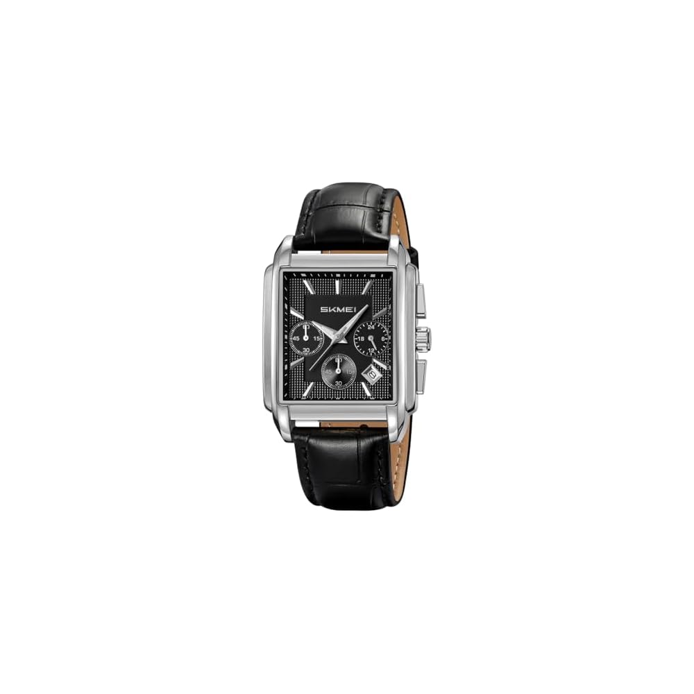 SKMEI Square Analog Watch for Men Black Leather Band Waterproof Chronograph Business Casual Silver Black