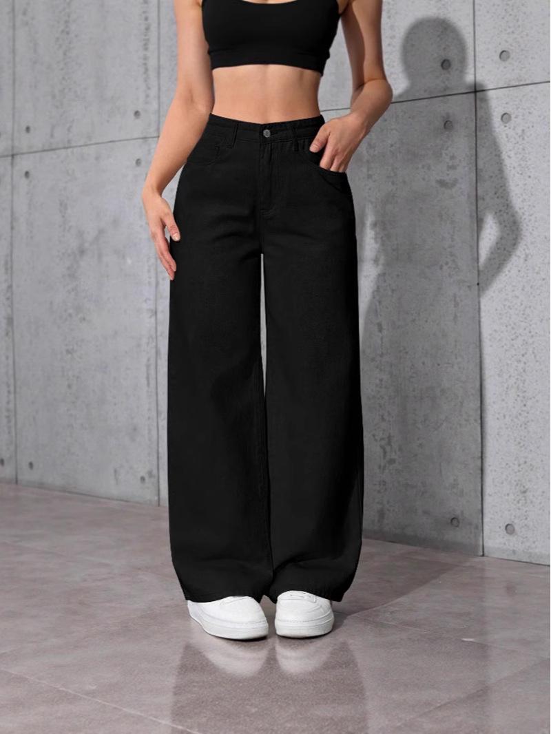 Women s Street Style Straight Leg Wide Denim Jeans L чёрный