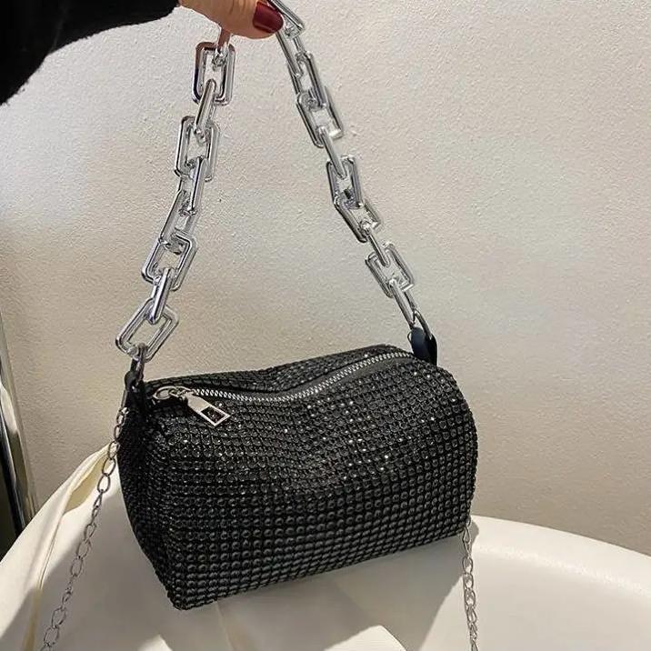 WTEMPO Simple Elegant Casual Rhinestone Silver Black Underarm Bag Women Versatile Party Club Single Shoulder Crossbody Bags Handbags