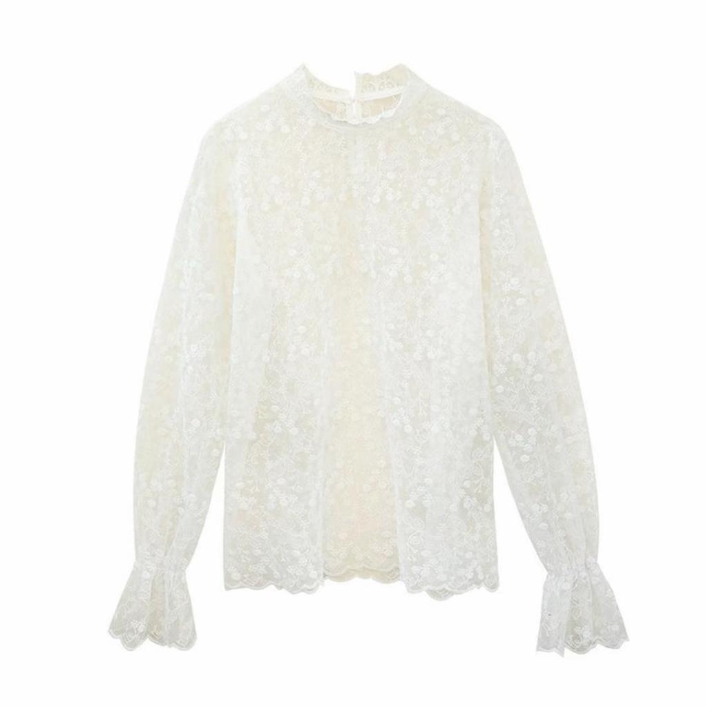 2026 Elegant Korean Style Women's Lace Mesh Top with Half-High Collar - Autumn/Winter Collection