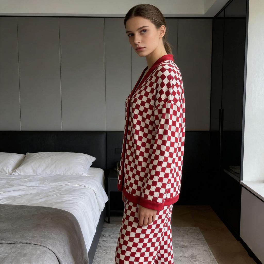 Pajama Set with Checkered Print for Home Wear