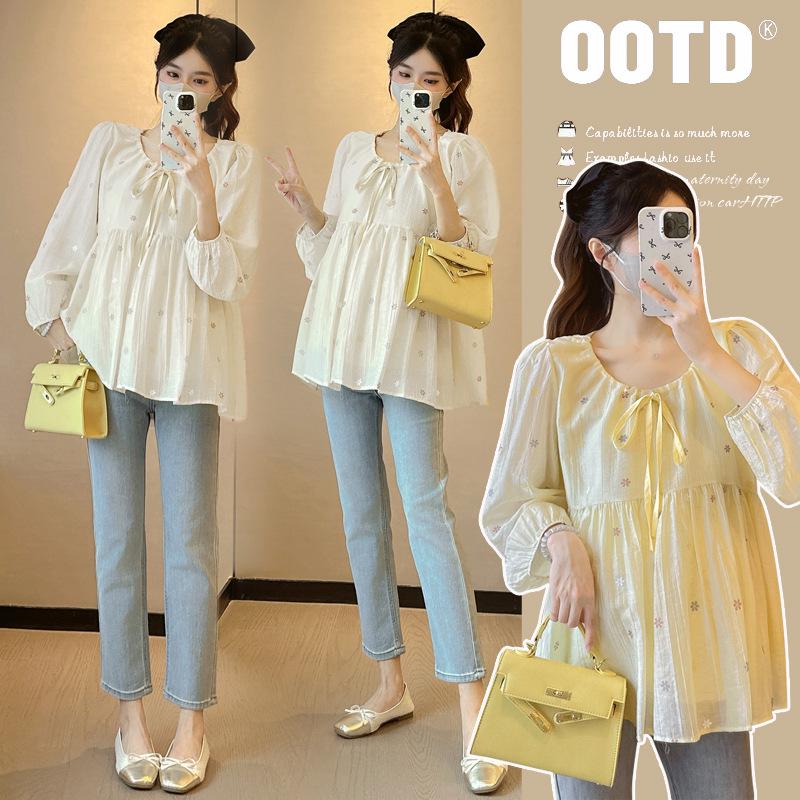 

Spring & Autumn Korean Style Long Sleeve Maternity V-Neck Doll Shirt Top XL