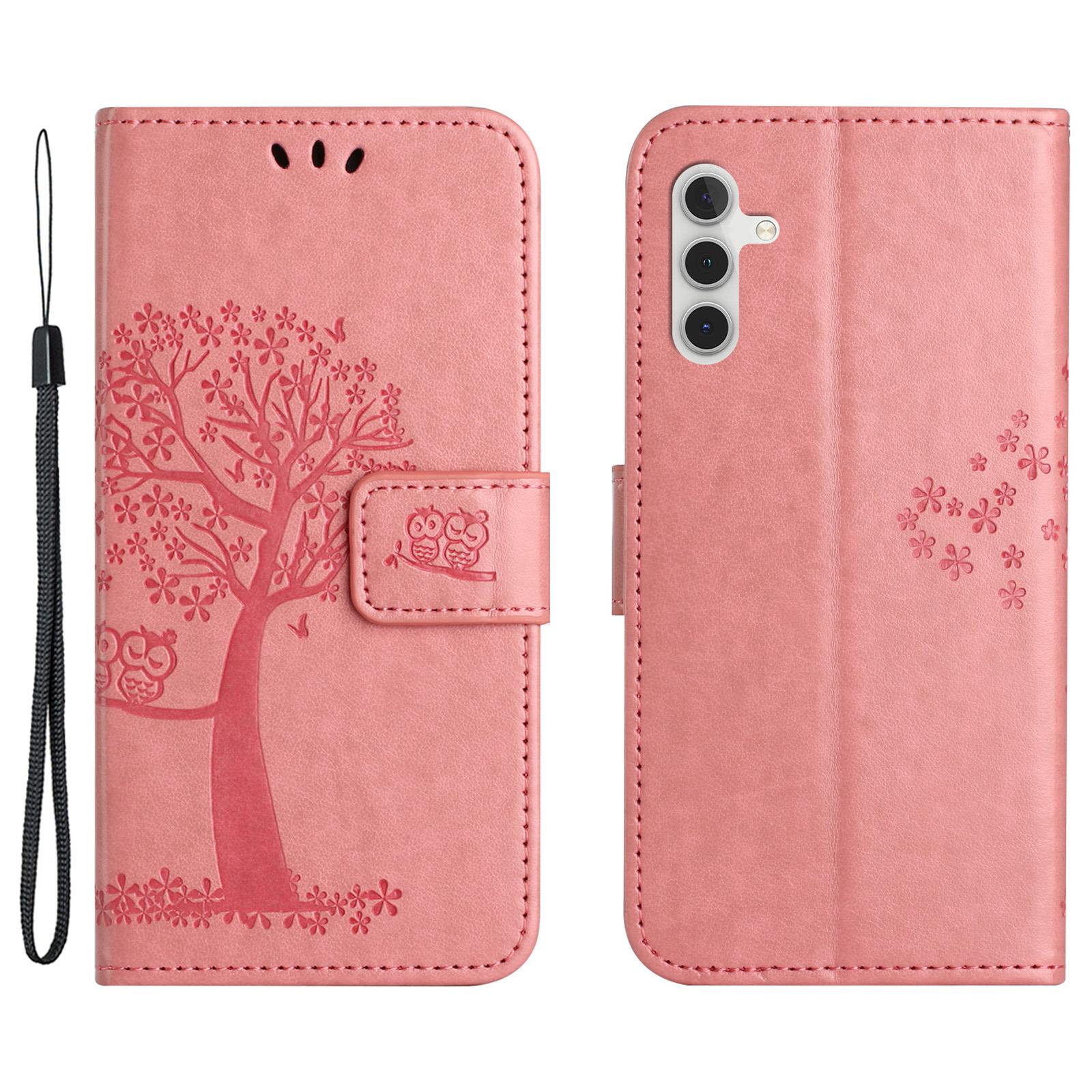 

For Samsung Galaxy A35 5G Case Owl Tree Imprinted Leather Stand Wallet Phone Cover Pink